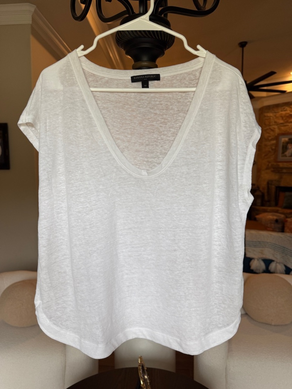 Banana Republic White Linen-Blend Scoop Neck Short Sleeve Tee